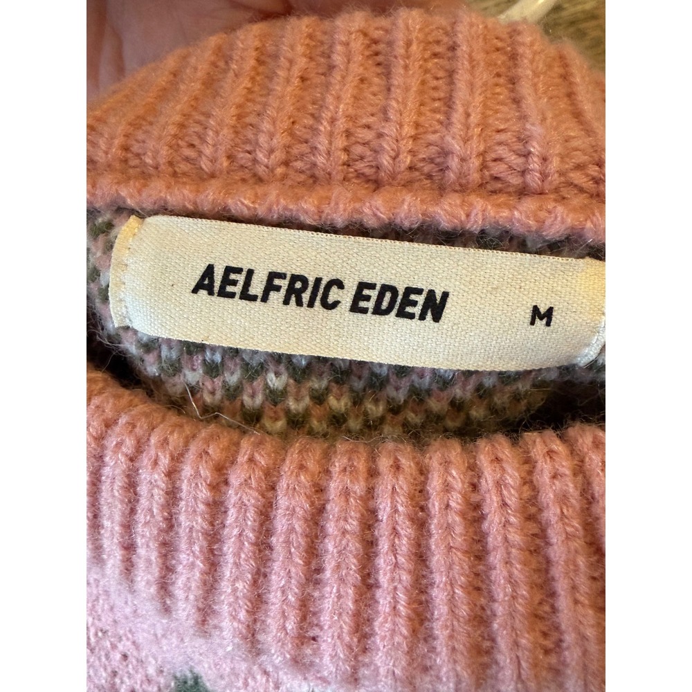 Aelfric Eden Sheep Pastoral Landscape Knit Sweater Green Pink Size Medium - Picture 3 of 5